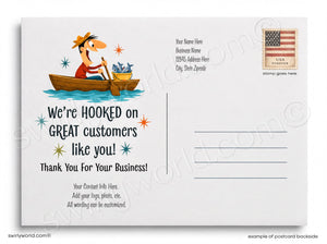 Promotional postcard with a cartoon fisherman and text on a white background
