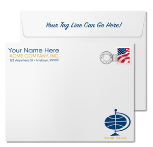 a white envelope with a blue and yellow logo, a United States postage stamp, and a tag line that says "Your Tag Line Can Go Here!"
