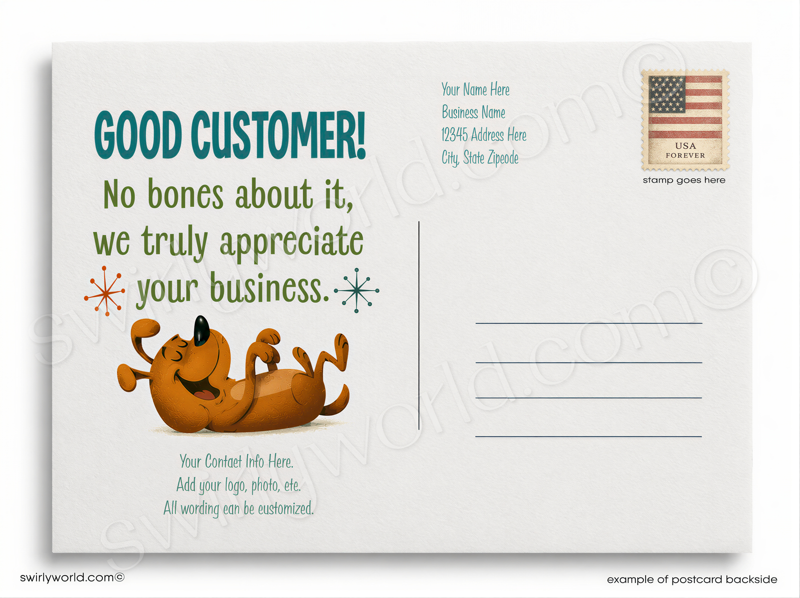 A retro-style illustrated postcard or art print featuring a brown cartoon dog carrying a large bone, with the text 'You're a DOGGONE BONAFIED' and a doghouse labeled 'CHAMP' in the background.