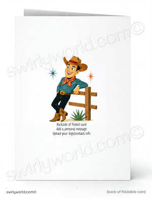 A cartoon cowboy wearing a blue shirt and a red bandana is leaning against a wooden fence, with stars and a plant in the background.