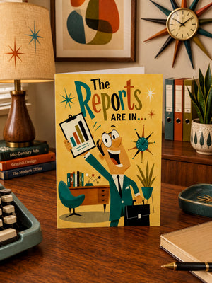 a colorful illustration of a man holding a clipboard with a graph on it, surrounded by various office-related objects such as a clock, books, and a lamp.