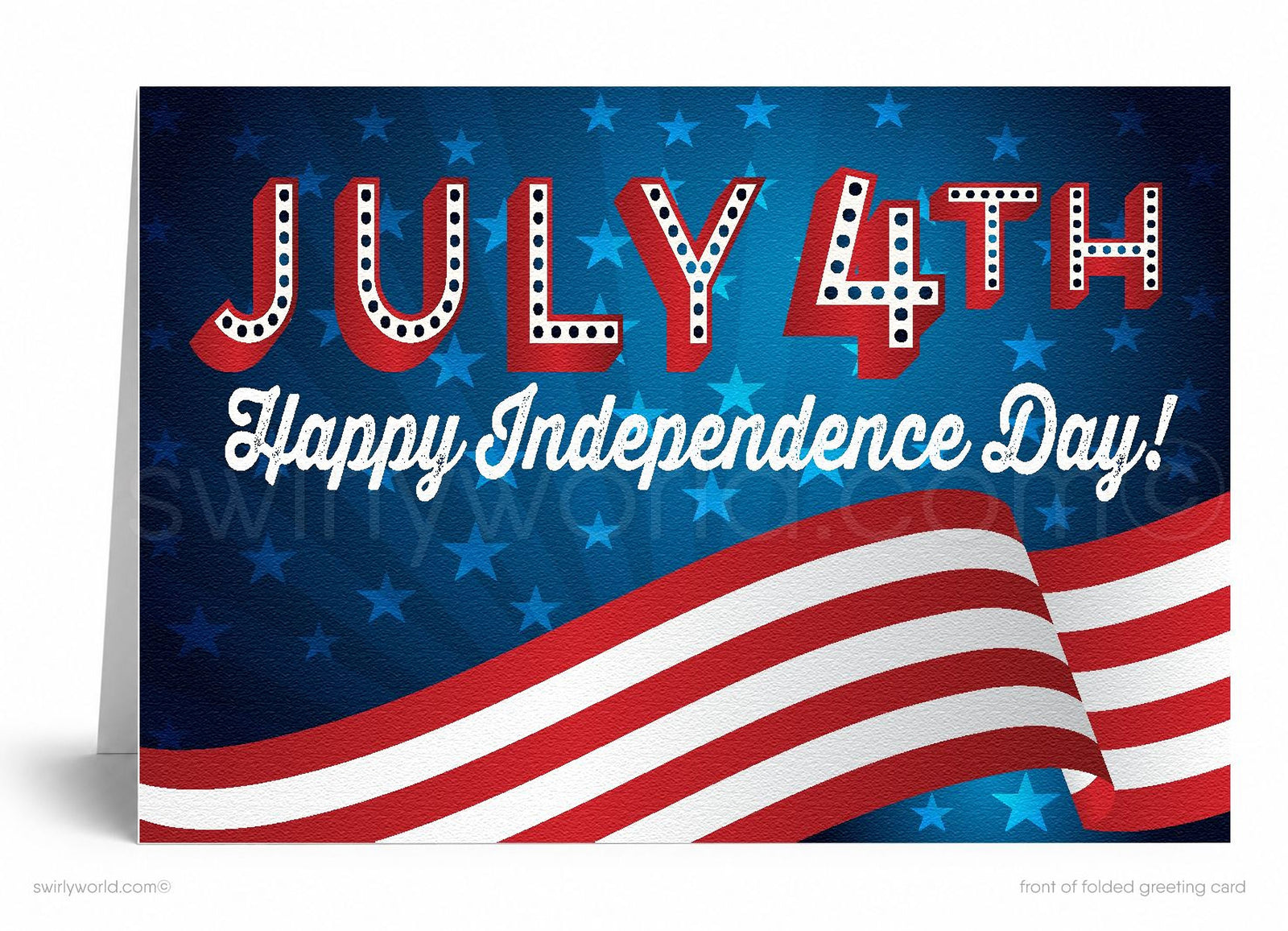 A greeting card with the text "July 4th Happy Independence Day!" written on it, along with an American flag and stars in the background.