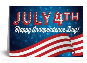 A greeting card with the text "July 4th Happy Independence Day!" written on it, along with an American flag and stars in the background.