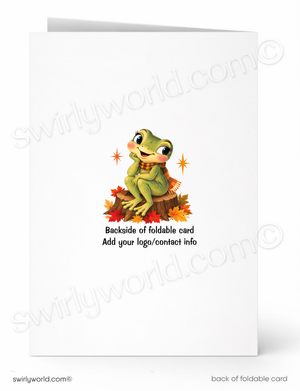 a green frog sitting on a tree stump with autumn leaves around it.