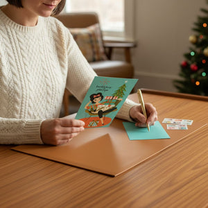 A person is sitting at a desk, writing a Christmas card with a pen.