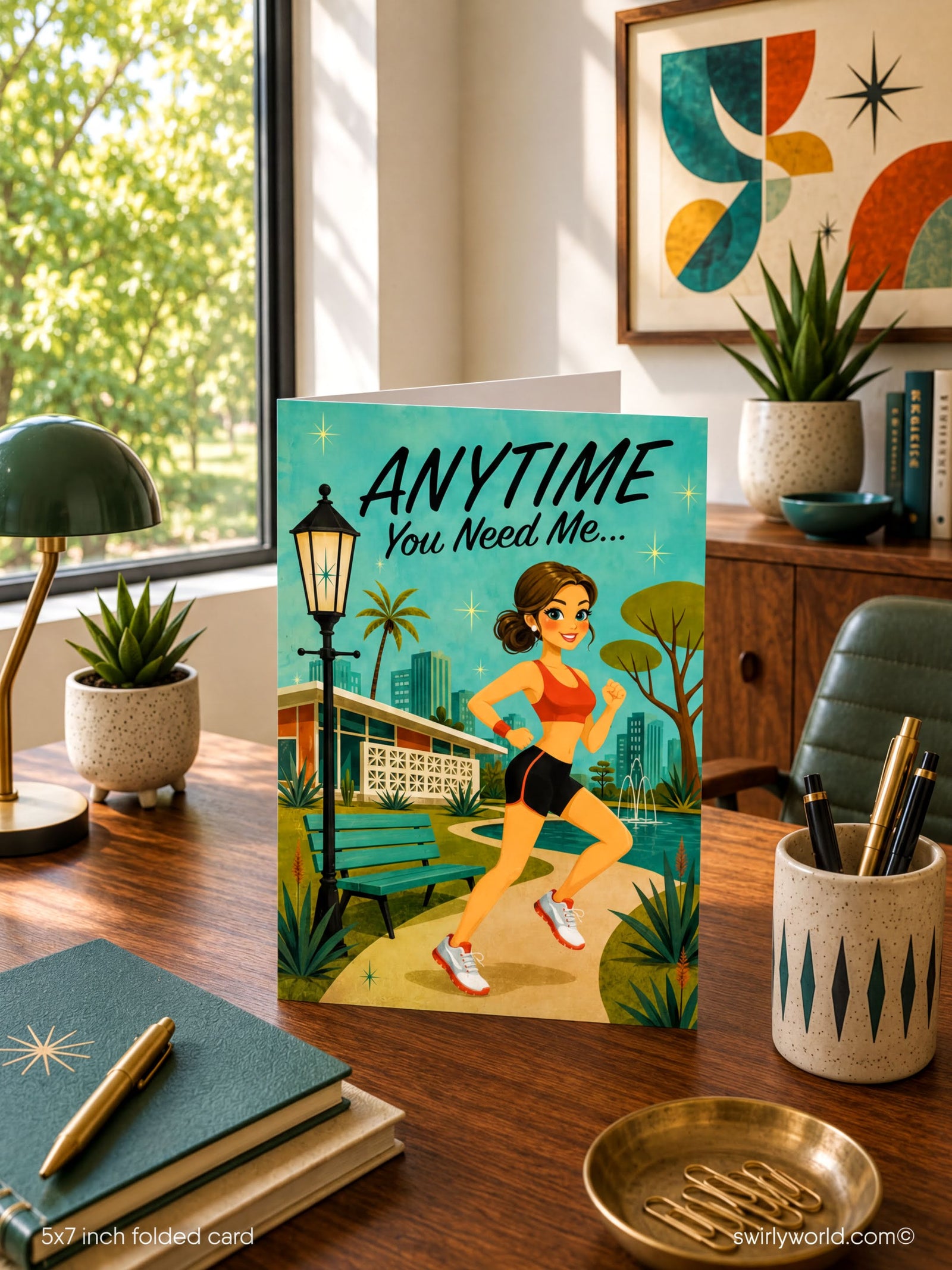 A folded greeting card shown front-on against a white background. The card features a retro-style illustration of a woman jogging outdoors with the text 'ANYTIME You Need Me.
