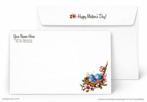 Mother's Day card with two blue birds in a nest and a white envelope.