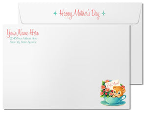 Mother's Day card with teddy bear and flowers in a teacup on a white background
