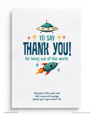 Space-themed thank you card with a UFO and rocket ship on a white background