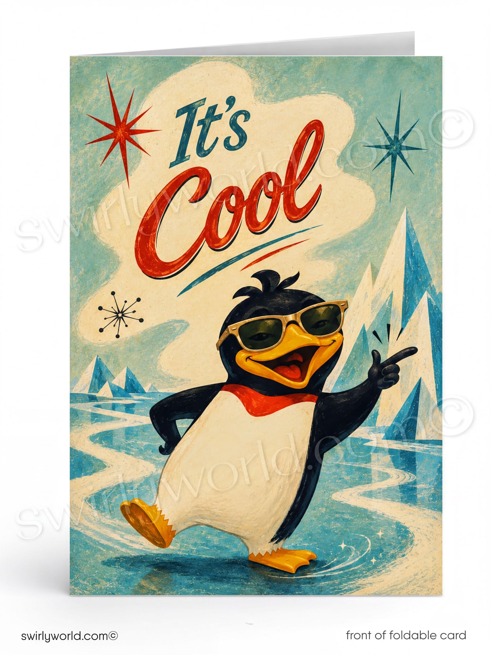 A retro-style foldable greeting card featuring a cartoon penguin wearing sunglasses and pointing, with the text 'It's Cool' on a light blue and cream background with icy mountain illustrations.
