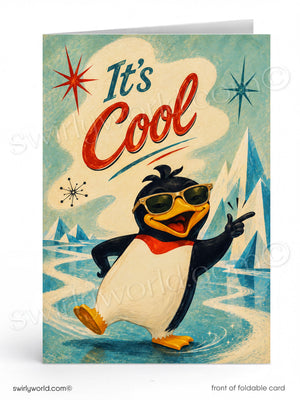 A retro-style foldable greeting card featuring a cartoon penguin wearing sunglasses and pointing, with the text 'It's Cool' on a light blue and cream background with icy mountain illustrations.