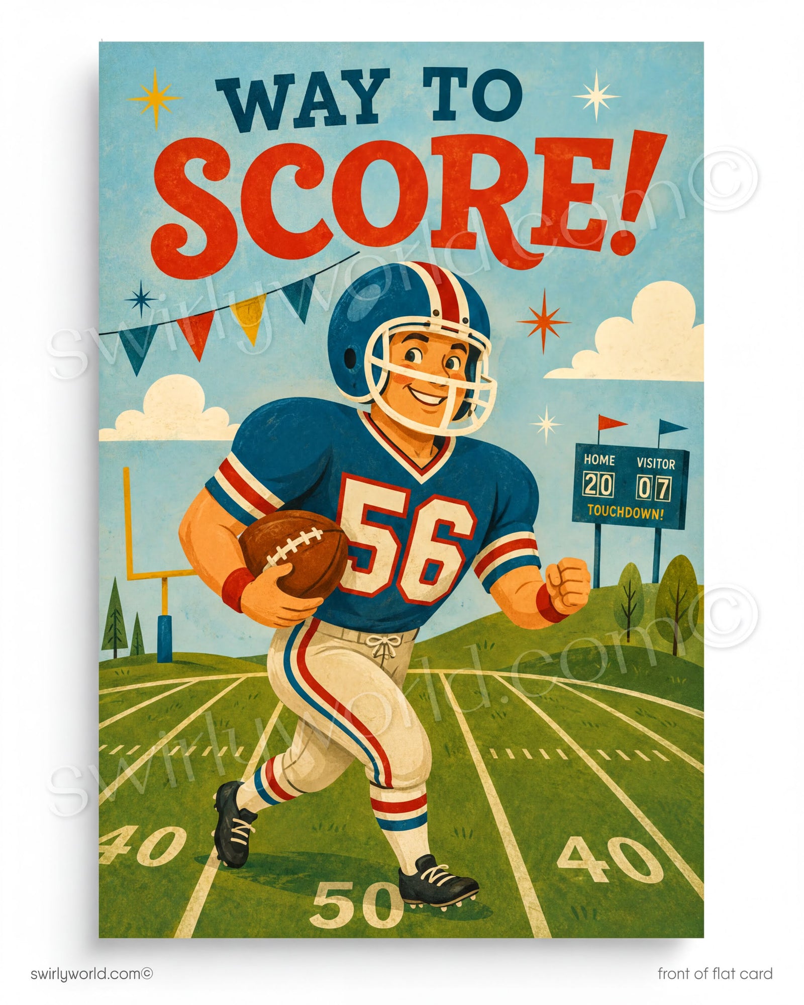 Vintage-style poster of a football player with 'Way to Score!' text on a blue background