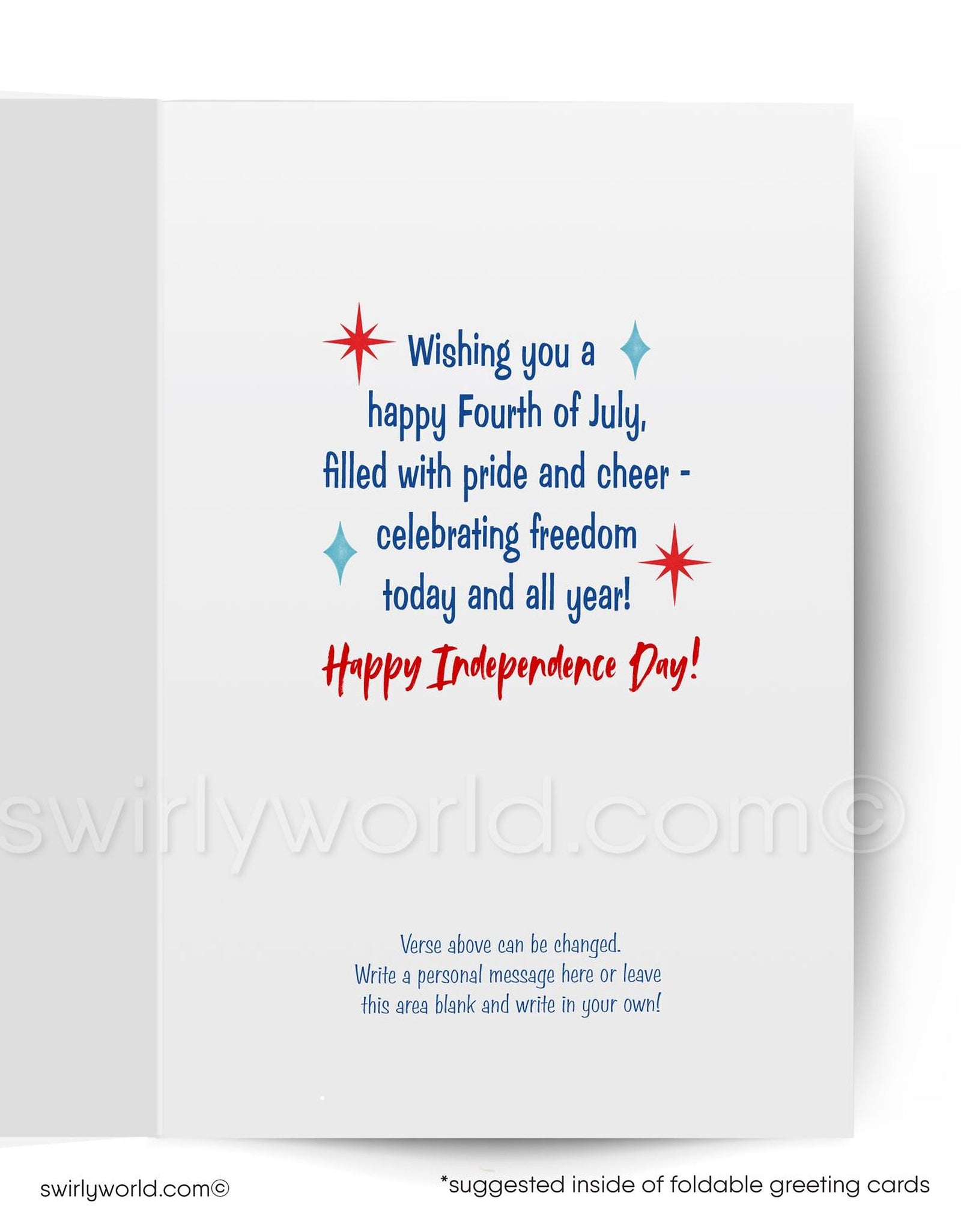 A vintage-style illustration of a woman in a patriotic outfit, holding an American flag and surrounded by fireworks, with the text "Happy Independence Day!"