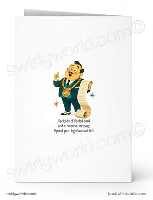 Backside of a folded card with a cartoon character holding a rolled-up paper, featuring Swirly World branding.