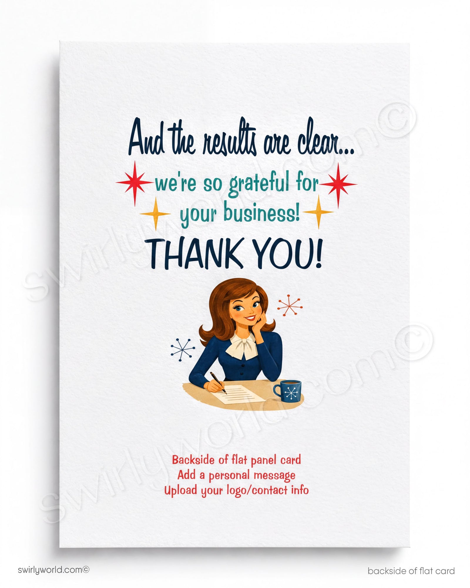 Vintage-style illustration of a woman holding a briefcase and a report card, with text 'The Reports Are In!' on a blue background.