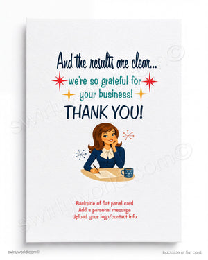 Greeting card with a woman at a desk and text 'And the results are clear.