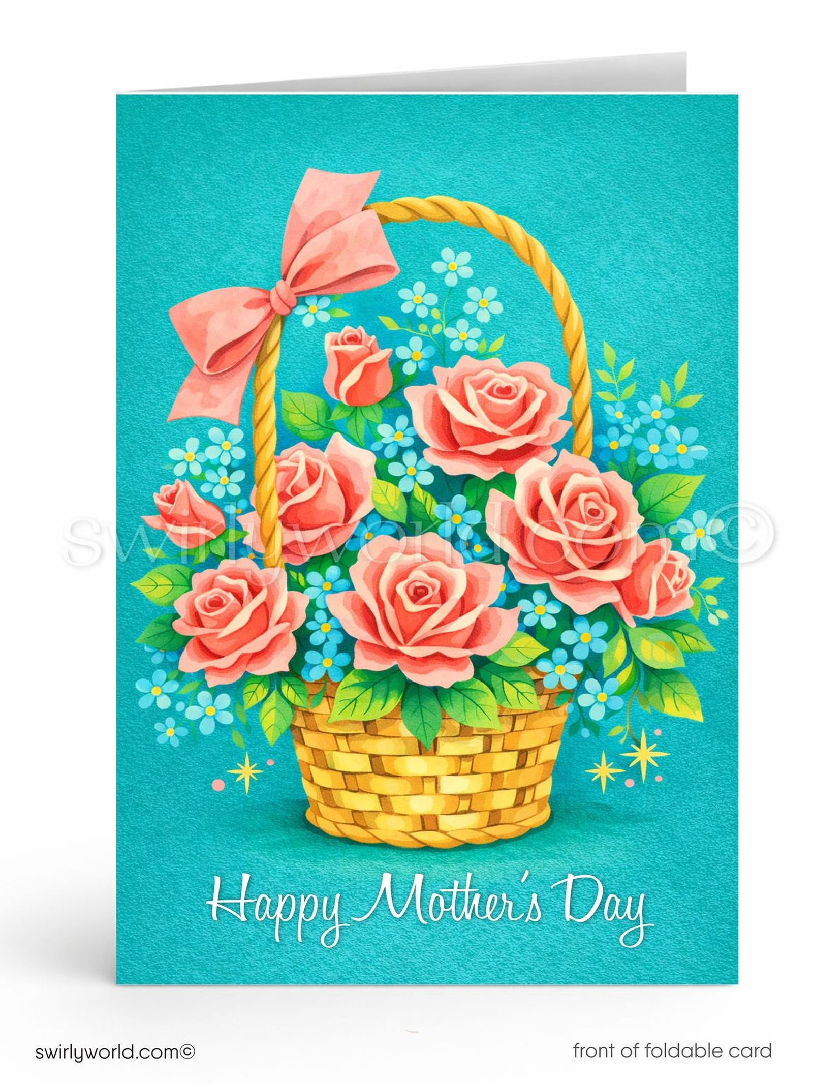 Greeting card with a basket of pink roses and a bow on a blue background, featuring 'Happy Mother's Day' text.