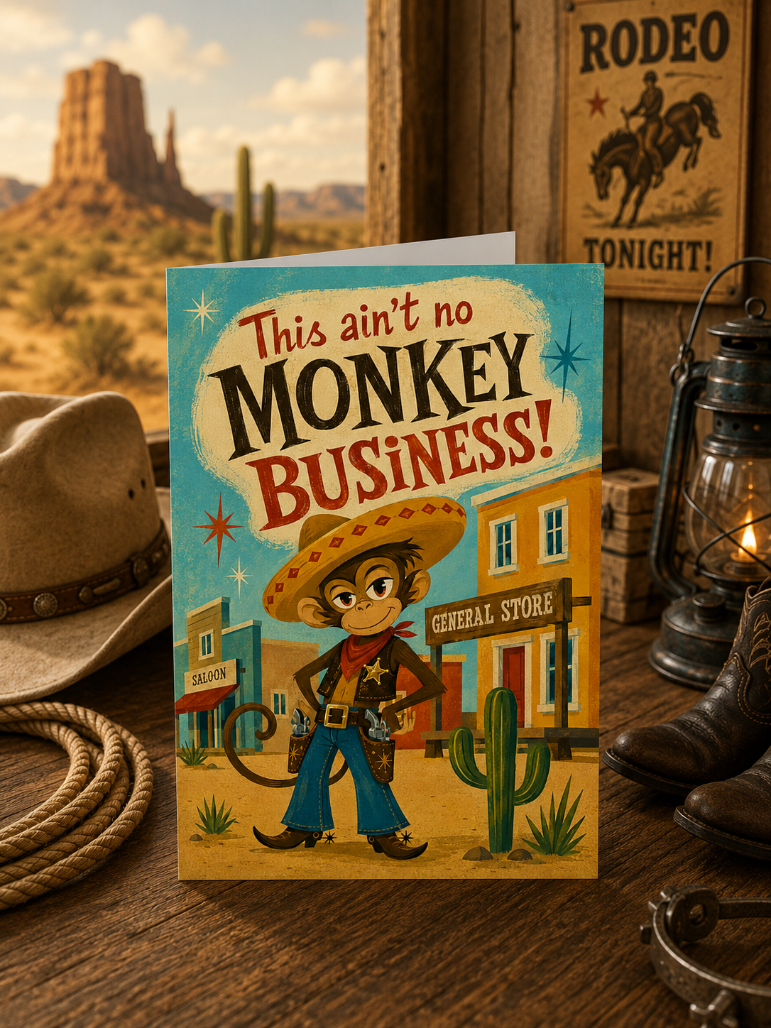 A folded card or print featuring a retro western illustration with the text 'This ain't no MONKEY BUSINESS!' and a monkey dressed as a cowboy in front of a saloon and general store.