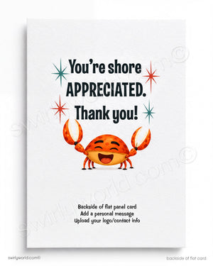 The image is a flat panel card with a crab and stars, and it says "You're shore appreciated. Thank you!"