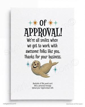 Card with a seal illustration and text about approval and business, on a white background.