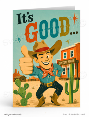 A cartoon cowboy giving a thumbs up in front of a general store, with a cactus and starburst in the background.