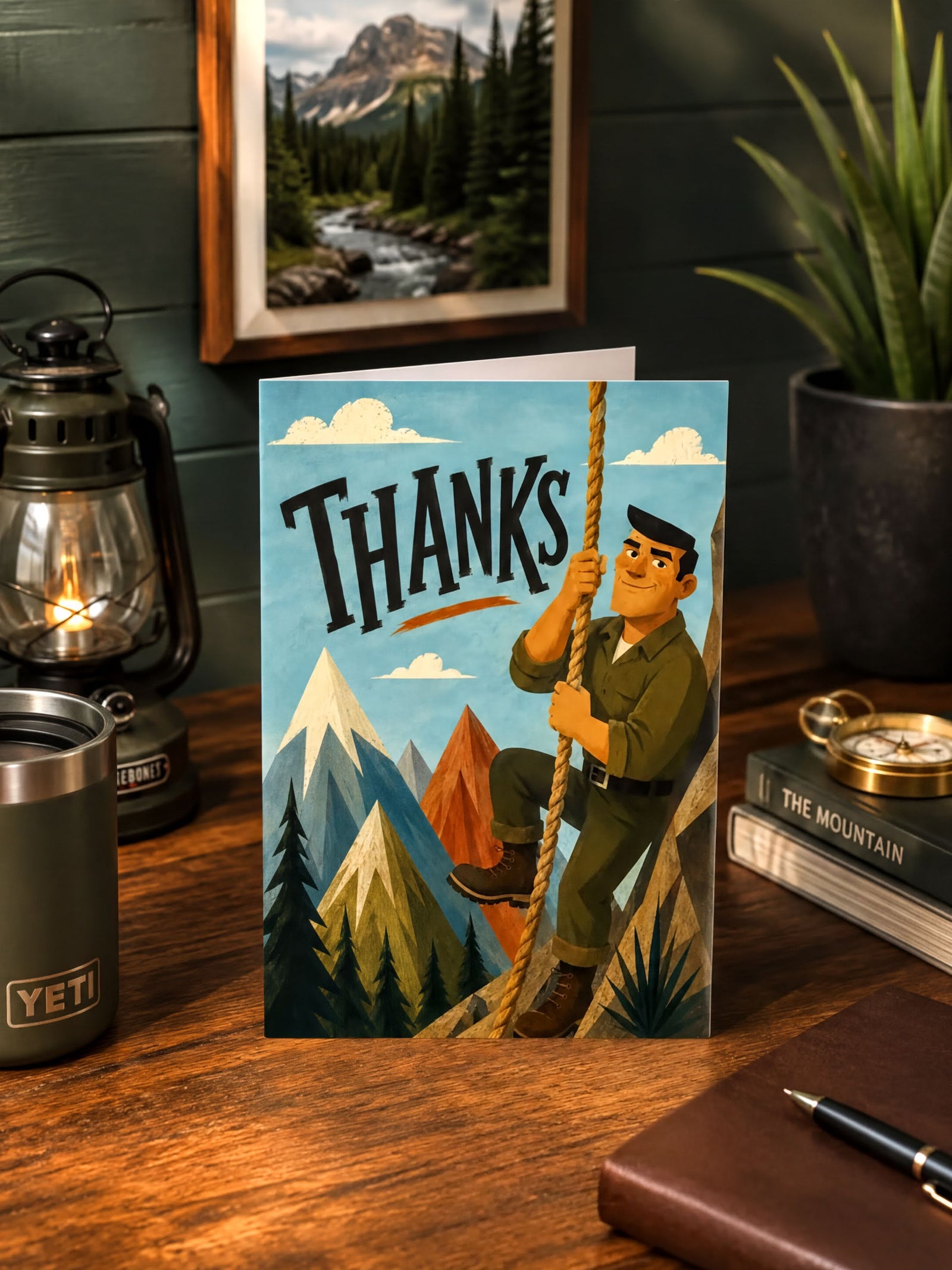 A man climbing a mountain with a rope, surrounded by a scenic landscape with mountains, clouds, and pine trees. The text "THANKS" is prominently displayed above the man.