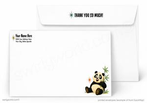 A set of white printed envelopes shown on a light gray background. The front envelope features a cartoon panda sitting beside bamboo with the text 'Your Name Here' and placeholder address details in the upper left, while the back envelope shows 'THANK YOU SO MUCH!' with a starburst at the top.