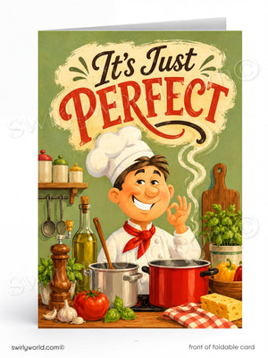 Card with a chef character and text 'It's Just Perfect' in a kitchen setting.