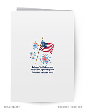an American flag with fireworks in the background, accompanied by a text overlay that reads "Backside of the folded style cards. Add your photo, leg, name signatures. Use this space however you please!"