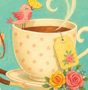 A pink bird is perched on a teacup with a yellow label, holding a slice of orange, and surrounded by flowers and steam.