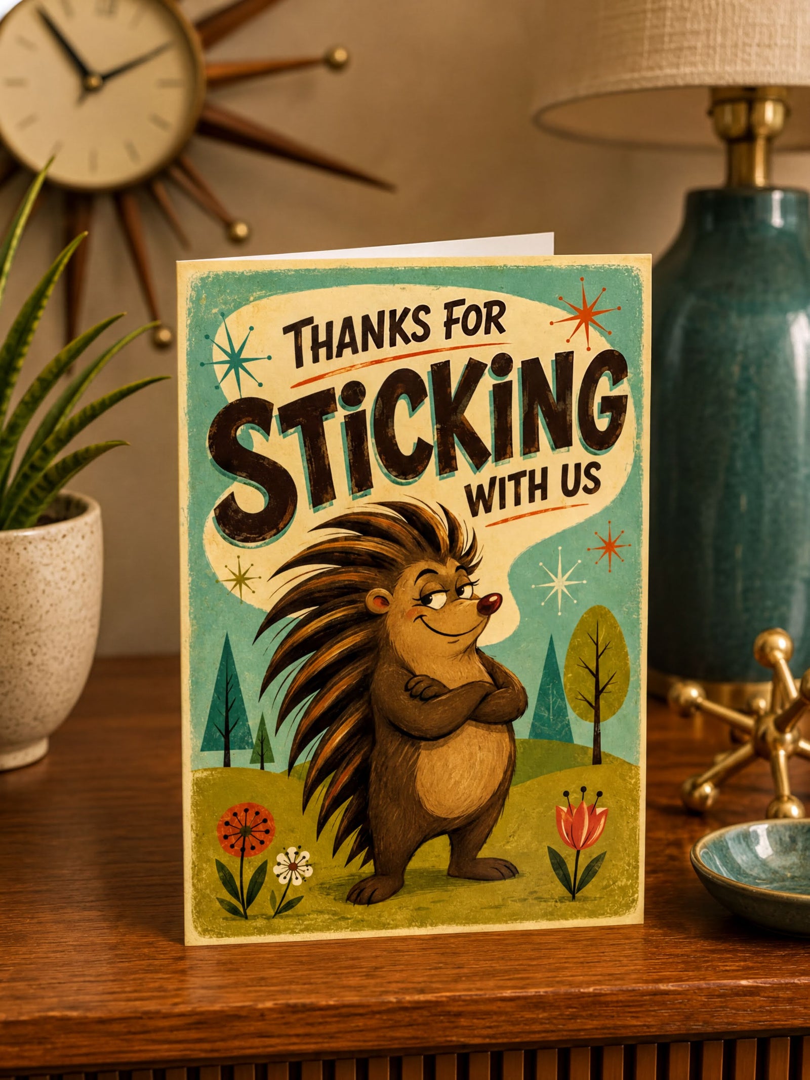 Card with a hedgehog illustration and text 'Thanks for Sticking with Us' on a nature-themed background.