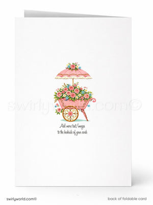Back of a folded card with a floral cart design and 'swirlyworld.com' branding.