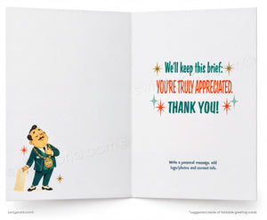 Open card with cartoon character and text 'You're truly appreciated. Thank you!' on a white background