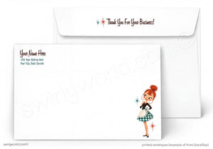 The image is a printed envelope featuring a cartoon illustration of a woman with red hair and a blue and white dress. The envelope has a message that says "Thank You For Your Business!" and a space for the recipient's name and address.