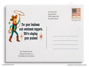 Customizable Christian western-themed postcard backside template featuring a cartoon cowboy holding a lasso with the text 'For your business and continued support. We're singing your praises!' and a USA Forever stamp placeholder.