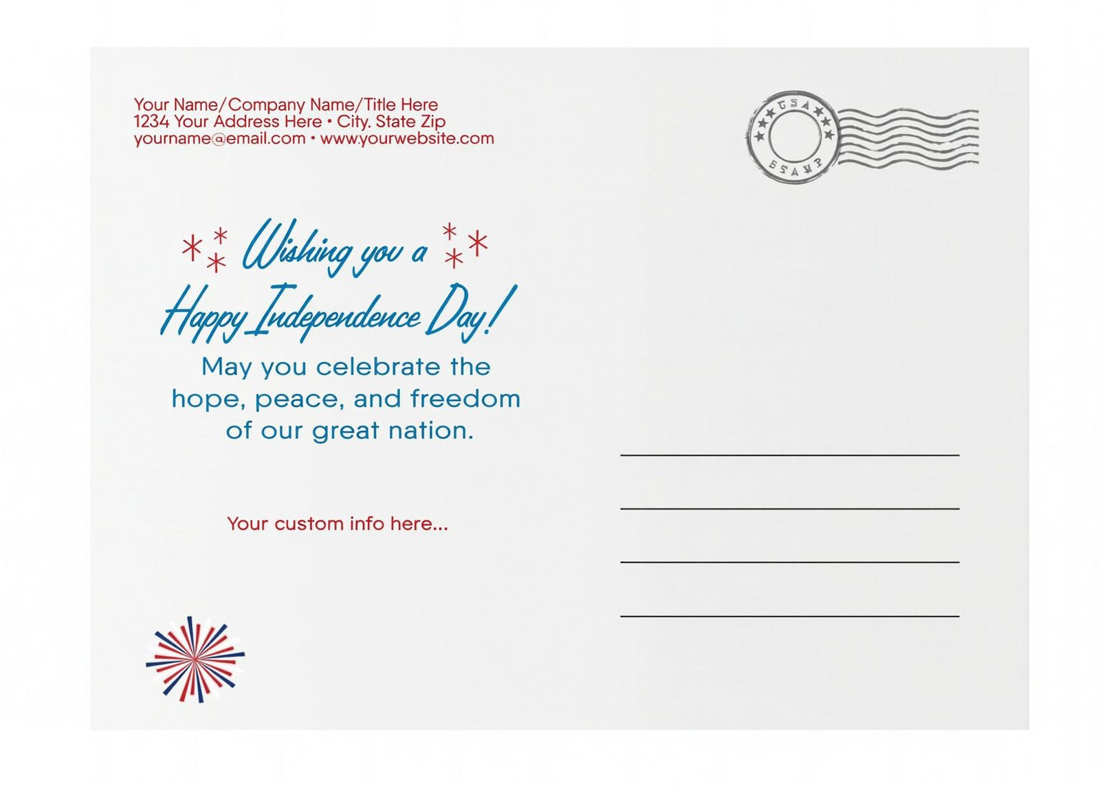 The image is a stylized graphic design featuring a fireworks display with red, white, and blue colors, along with the text "happy 4th of July".