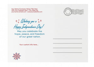 The image is a postcard with a patriotic message for the Fourth of July, wishing the recipient a happy independence day.
