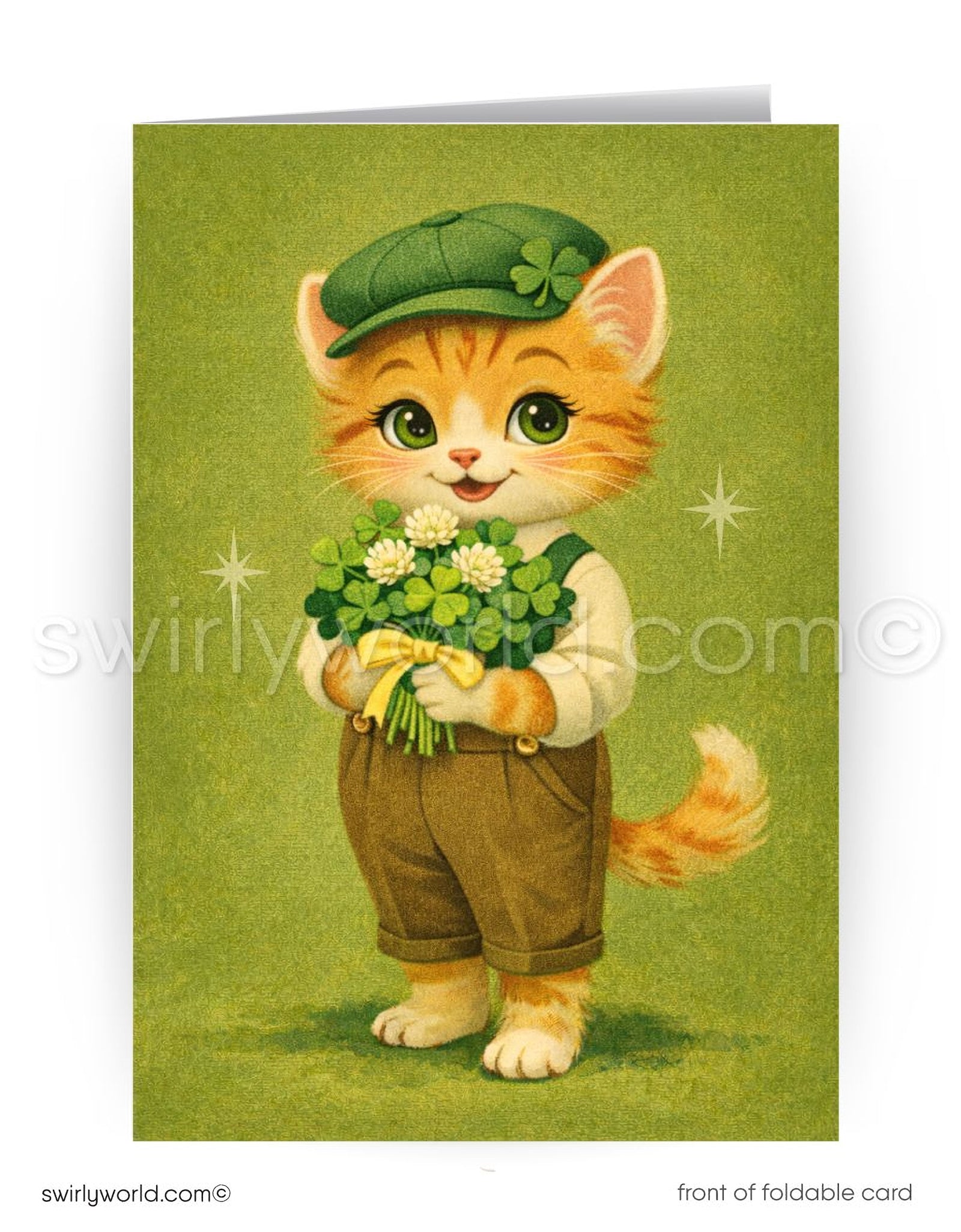 Greeting card with a cartoon cat wearing a green hat and holding flowers on a green background.