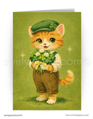 Greeting card with a cartoon cat wearing a green hat and holding flowers on a green background.