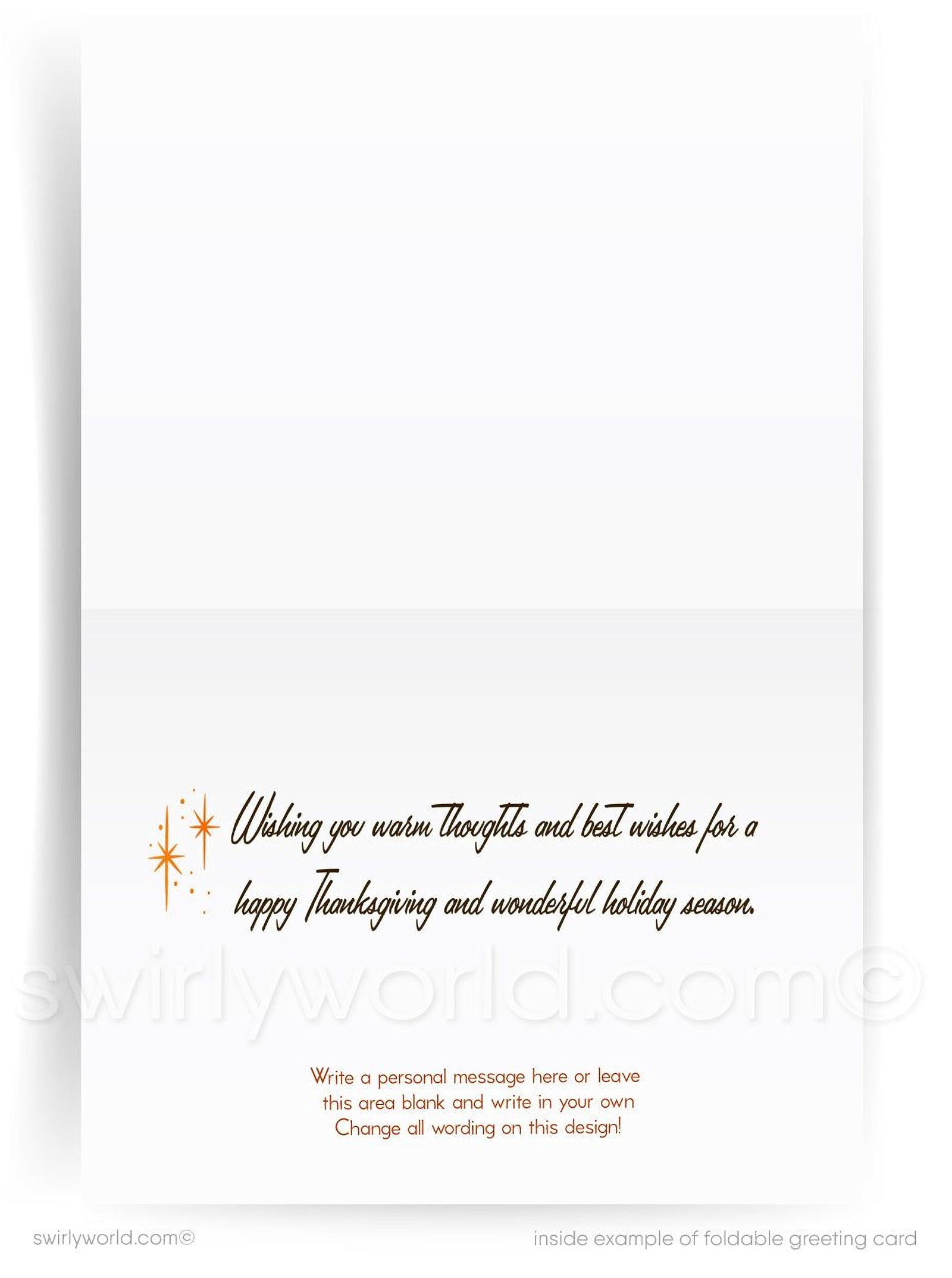 Thanksgiving greeting card with cornucopia, fruits, and vegetables on a beige background.