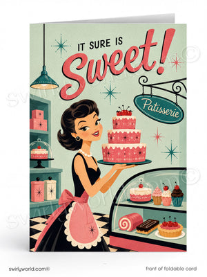 A woman in a black dress is holding a large, multi-layered cake in front of a display case filled with various desserts, including cupcakes and pastries. The text "IT SURE IS SWEET!" is prominently displayed above the woman, and the word "Pisserie" is written below the display case.