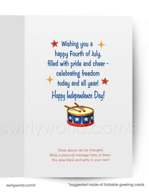 The image is a greeting card with a patriotic theme, featuring a drum and stars, and a message wishing someone a happy Fourth of July filled with pride and cheer.