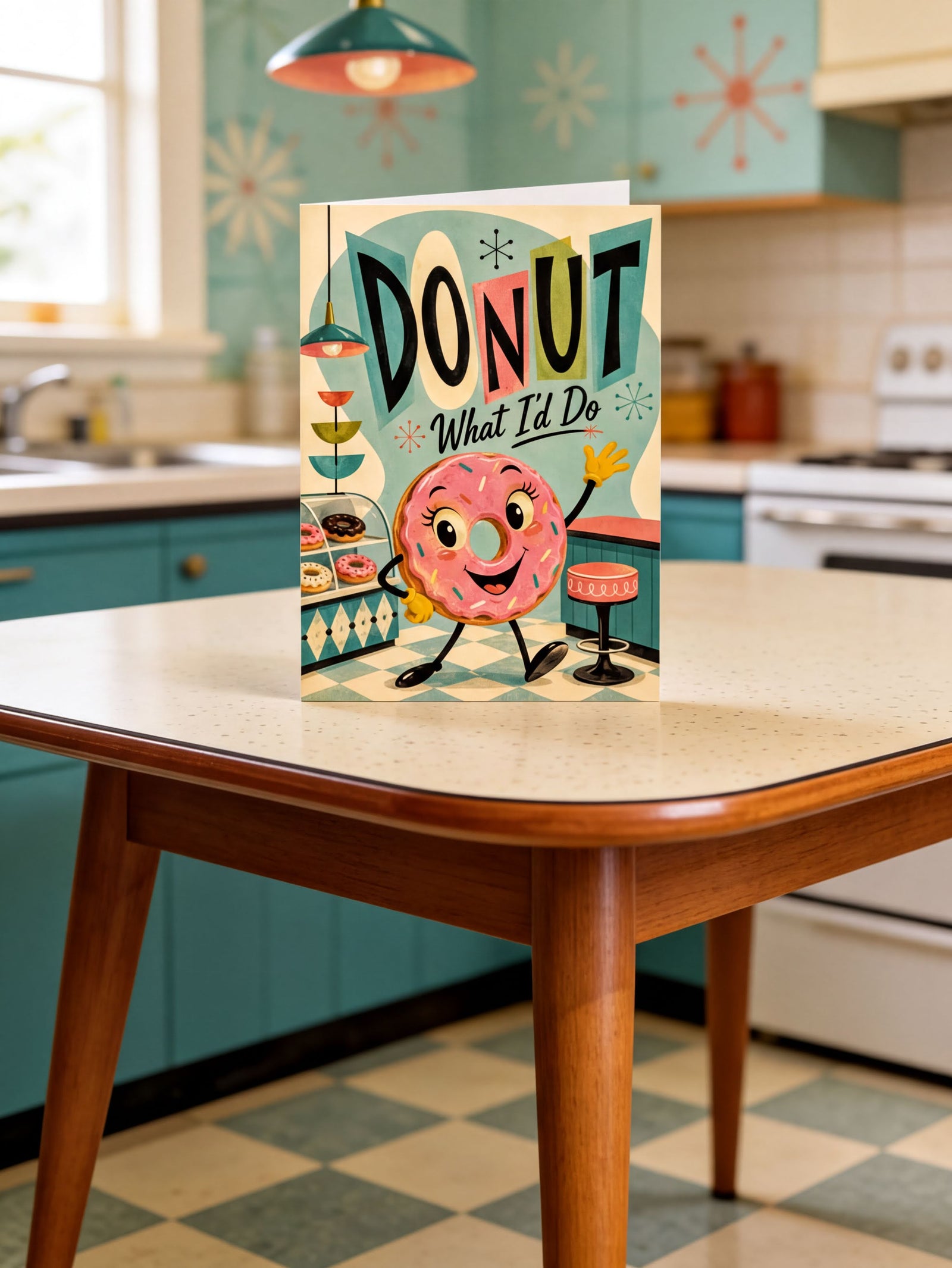 Cartoon donut character on a colorful greeting card with 'Donut What I'd Do' text.