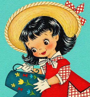 A young girl with dark hair and a red dress is holding a blue purse decorated with flowers. She is wearing a straw hat and has a cheerful expression on her face.