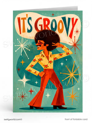 The image is a colorful illustration of a man with a large afro hairstyle, wearing a yellow shirt with red and orange flowers, and red pants. He is dancing and holding a peace sign. The background features a teal color with stars and a speech bubble that says "It's groovy".