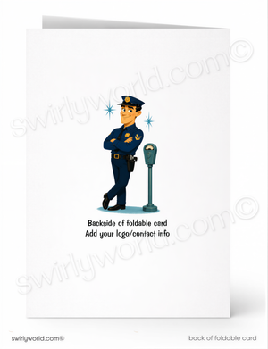 A folded greeting card shown front and back on a white background. The front features a cartoon police officer standing beside a parking meter, and the back shows placeholder text reading 'Backside of foldable card' and 'Add your logo/contact info'.