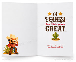 The image is a greeting card featuring a cartoon cowboy character and a cactus. The card has a message that says "Of Thanks! We think you're great." The cowboy character is wearing a hat and holding a gun, while the cactus is placed on a rock. The card also includes instructions for writing a personal message, adding a logo, photos, and contact information.
