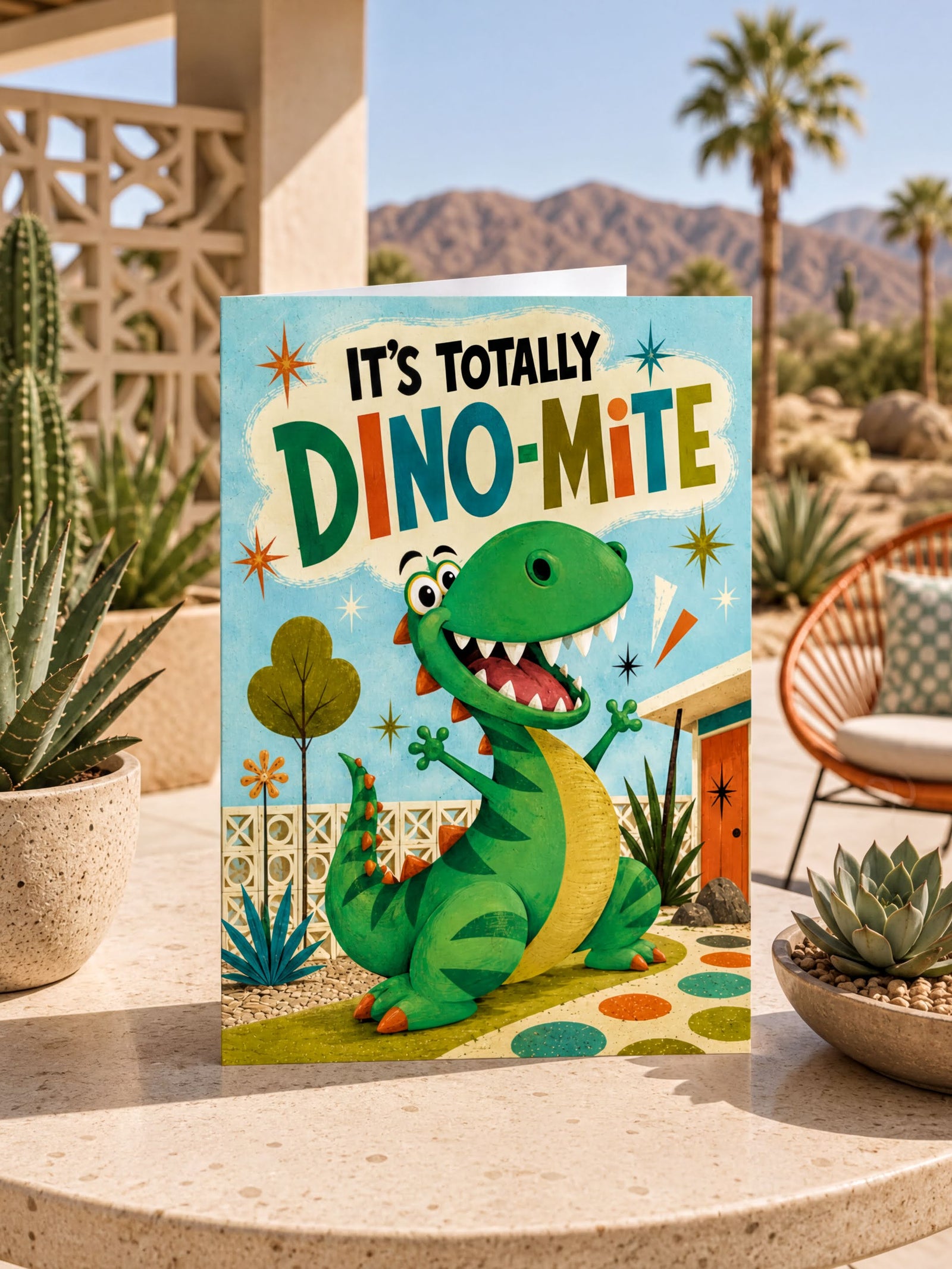 Card with a cartoon dinosaur and text 'It's Totally Dino-mite' on a colorful background.