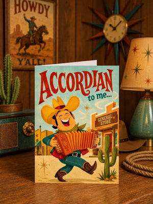 a greeting card with a cartoon cowboy playing an accordion, surrounded by various western-themed items such as a cowboy hat, a cactus, and a radio.