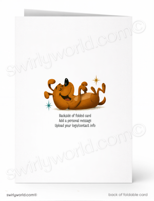 A folded white greeting card shown front and back on a white background. The front has a small cartoon dog lying on its back with sparkles, and the back shows placeholder text reading 'Backside of folded card' and 'Add a personal message / Upload your logo/contact info'.
